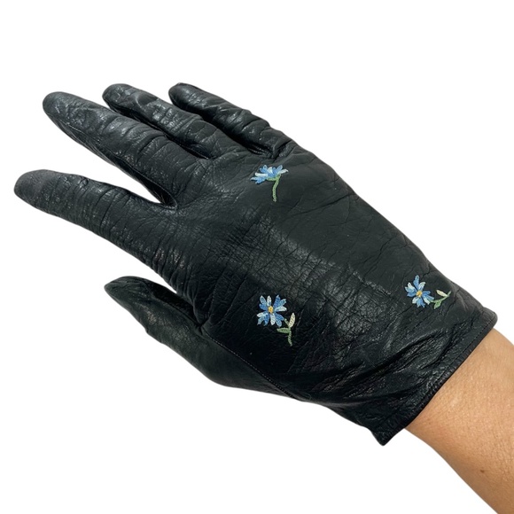 Vtg 50s Denise Francelle Paris handmade black leather embroidered short gloves 7 - Picture 1 of 15